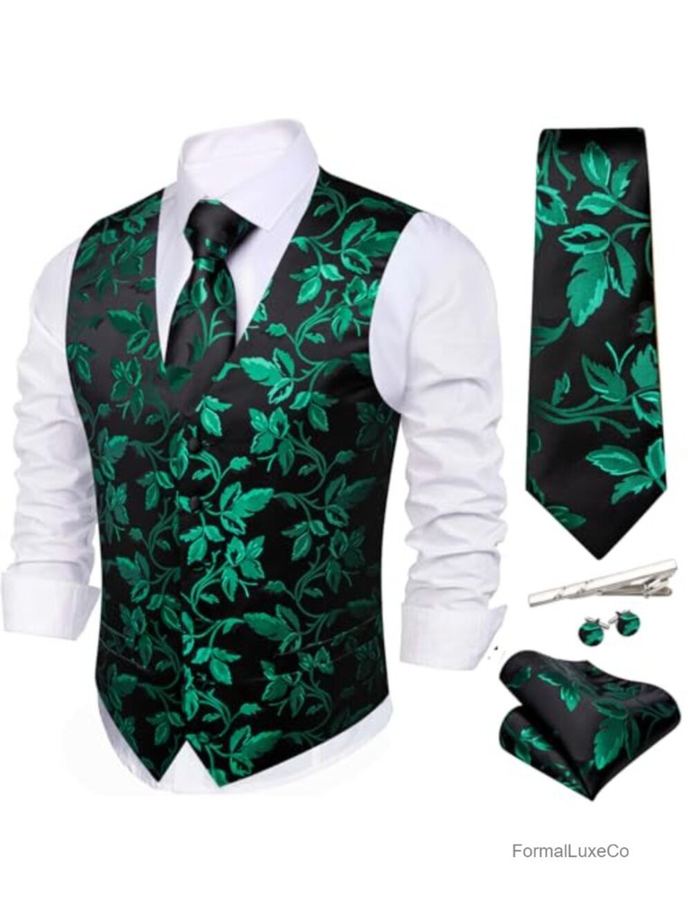 Formal Floral Jacquard Silk Vest Tie Set 5pc